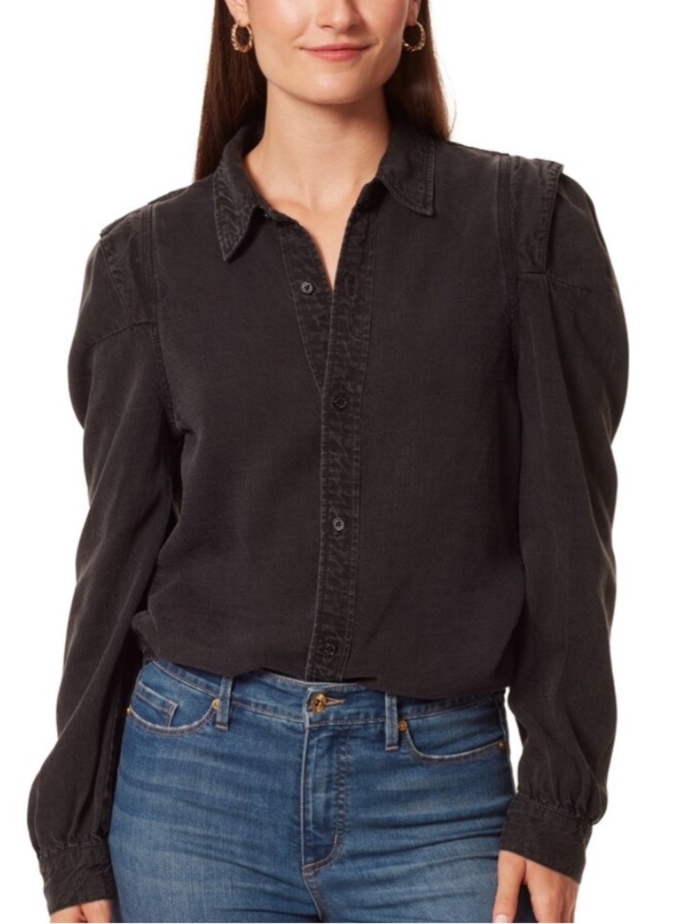 Anne Klein Blue Denim Button-Front Blouse with Inverted Pleat at shoulders.